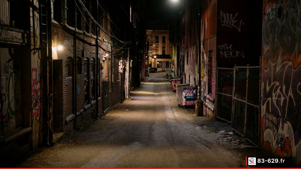 Ruelle urbaine sombre éclairée par un lampadaire la nuit - sécurité privée sous pression