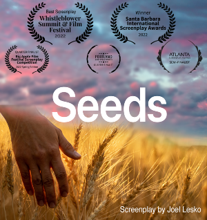 A hand gently touches golden wheat under a vibrant sunset sky. Text overlays the image, highlighting awards won by the screenplay "Seeds" by Joel Lesko.
