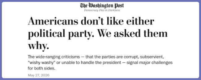 Wash Post headline: “Americans don’t like either political party. We asked them why,” followed by a summary of criticism of both parties and the president; sober, critical tone.