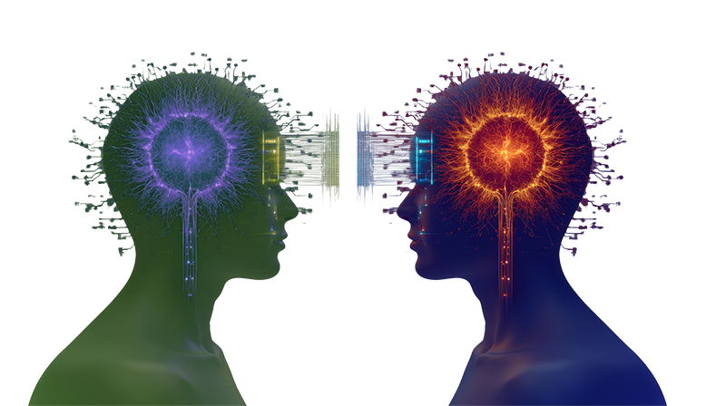 Two translucent human profiles face each other against a black background, each with vibrant neural networks in green and orange, connected by digital waves.