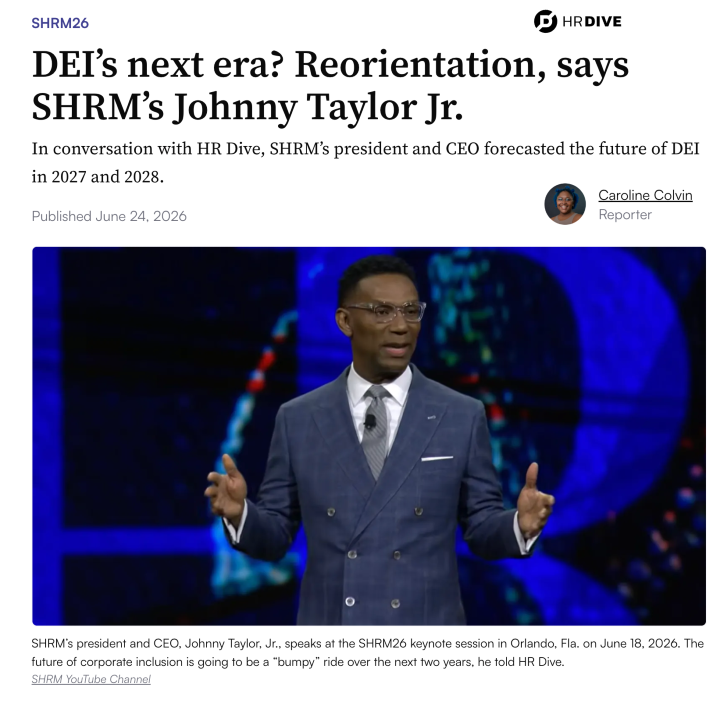 A man in a suit speaks on stage at SHRM26, discussing future DEI changes. The background is abstract and colorful, creating a professional tone.