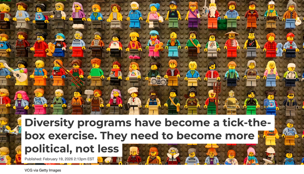 A diverse array of Lego minifigures is displayed on a wall, representing varied professions and appearances. Text overlay highlights diversity program critique.