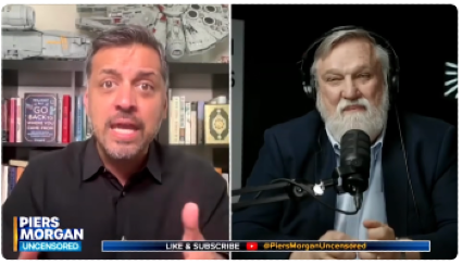 Split-screen video call featuring two men. Left: a man in front of bookshelves  Right: an older man with headphones and a microphone.