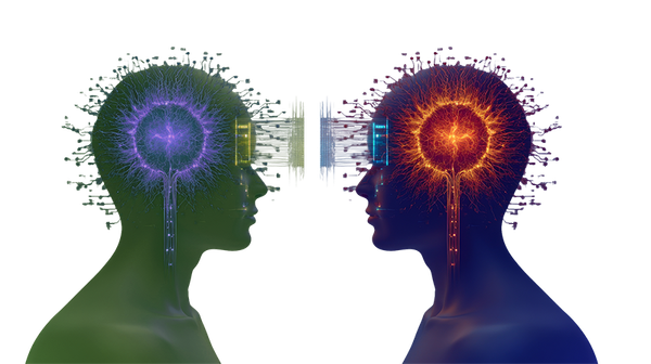 Two translucent human profiles face each other against a black background, each with vibrant neural networks in green and orange, connected by digital waves.