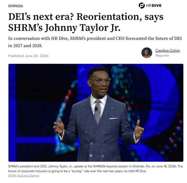 A man in a suit speaks on stage at SHRM26, discussing future DEI changes. The background is abstract and colorful, creating a professional tone.