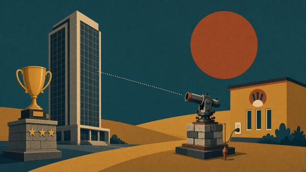 Illustration of a corporate tower beside a self-awarded trophy, measured by a survey instrument outside a community hall