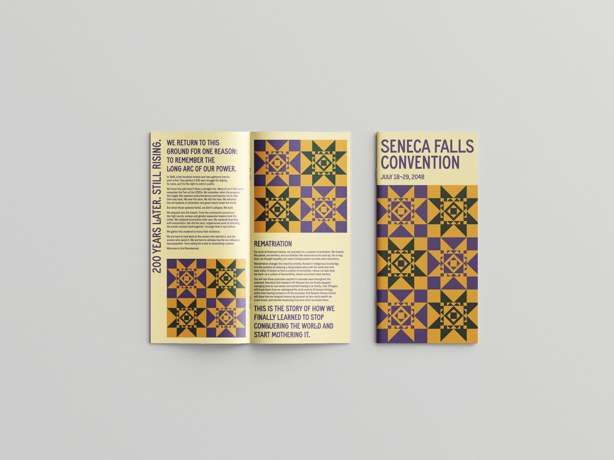 Photo of a brochure for the Seneca Falls Convention 20248, a speculative design fiction project by Tracee Worley of Radical Futures.