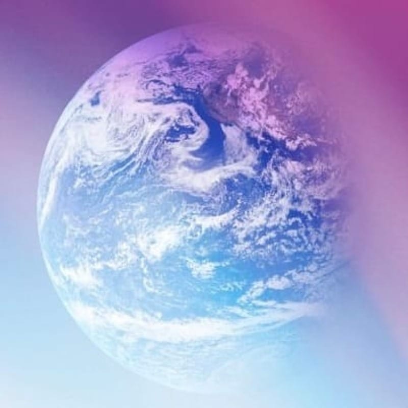 Planet Earth on a light turquoise and purple background.