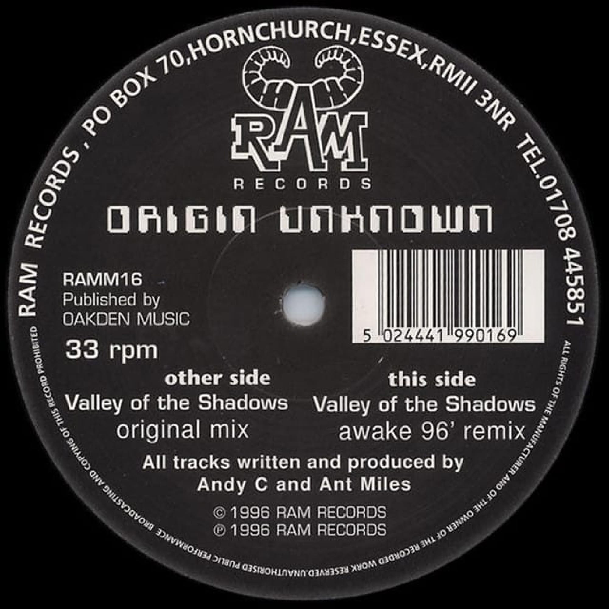 Label of vinyl record Valley of the Shadows by Origin Unknown, Ram Records 1996.