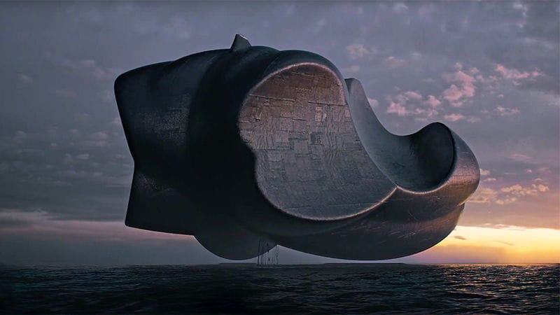 Still from BLKNWS: Terms & Conditions, showing the near-future Nautica hovering vessel.