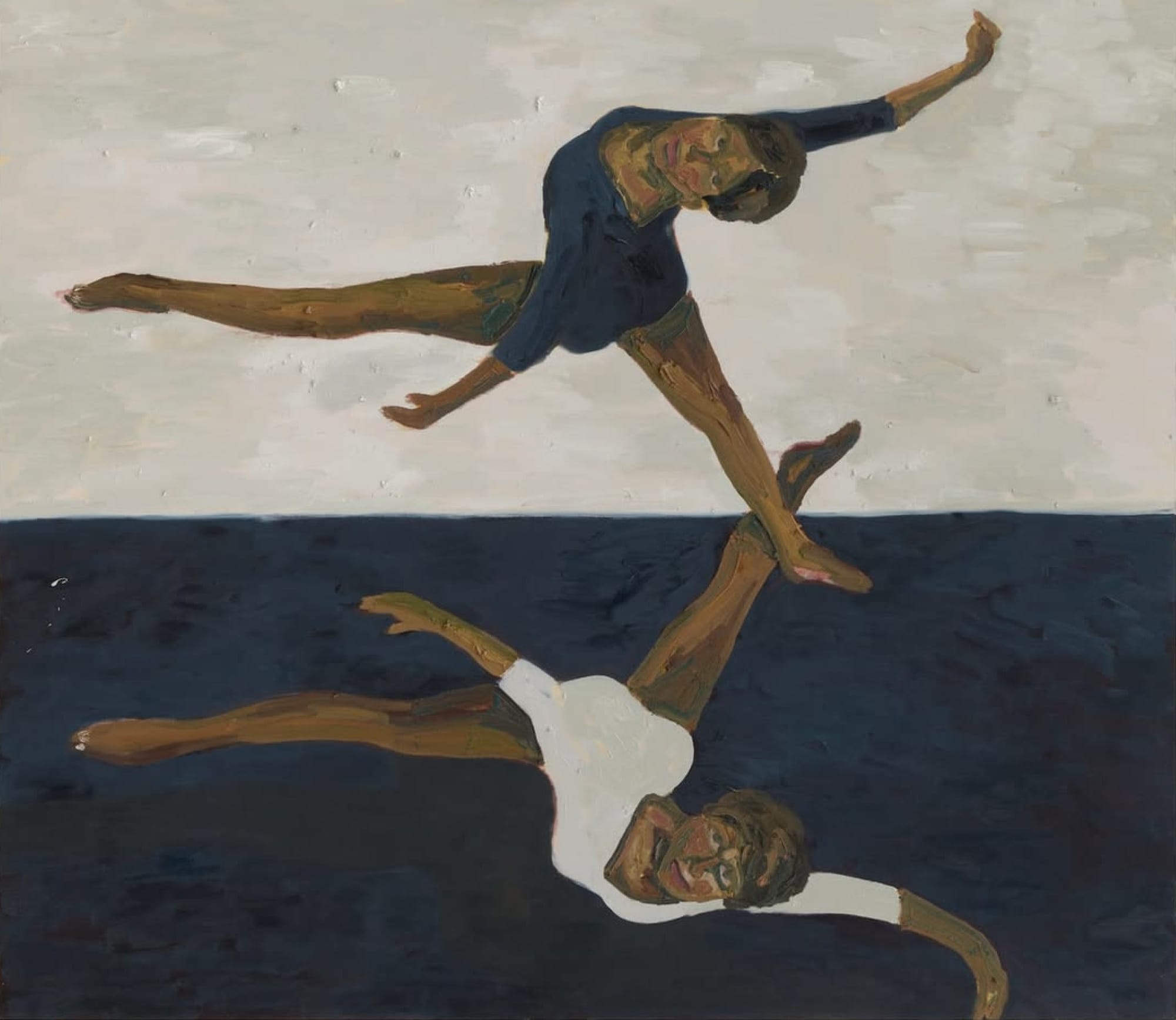 Two black ballet dancers mid-pose on a bisected black/white background, in a painting called Shadow of a Mirror by Ludovic Nkoth.