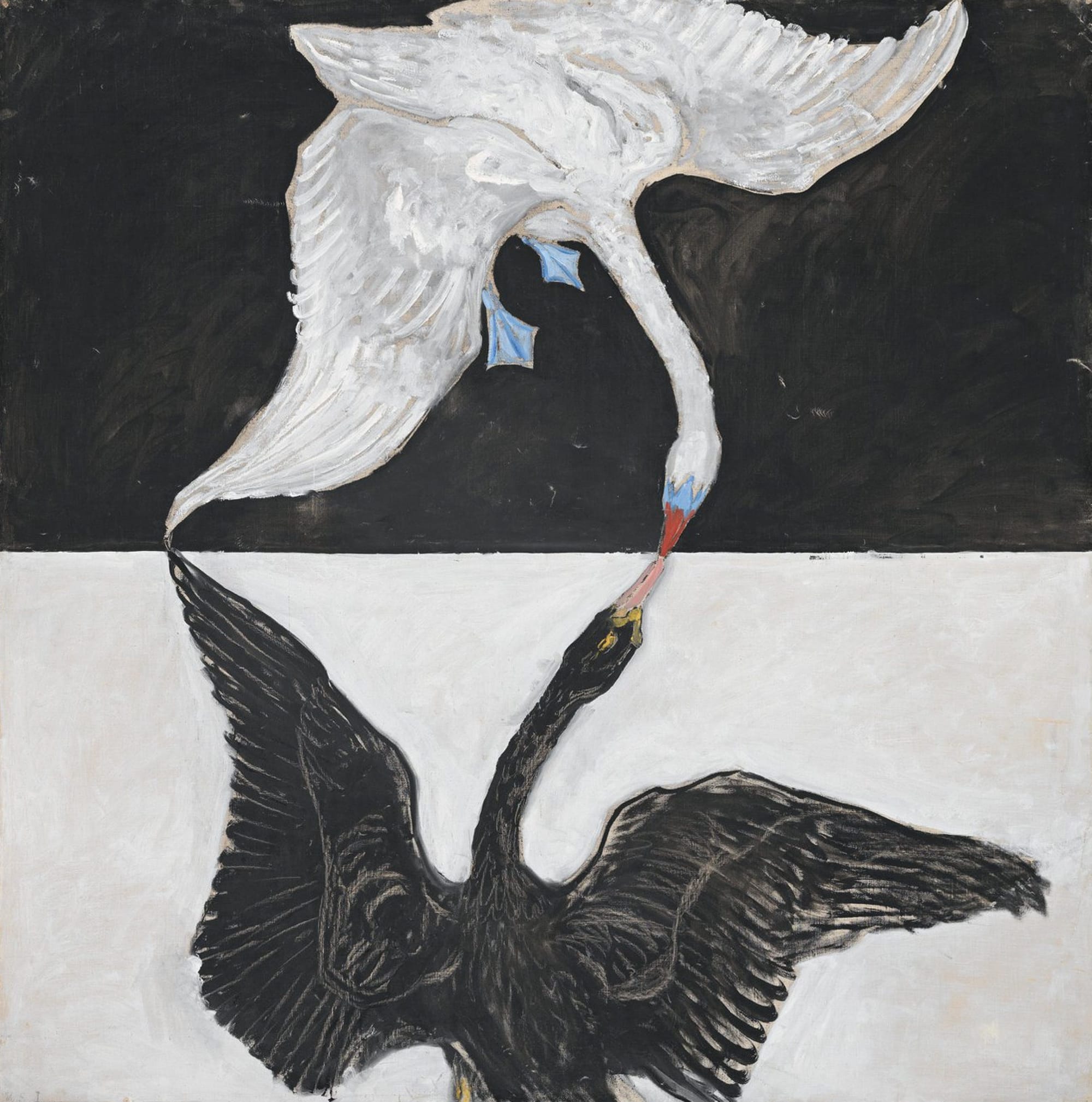 Two swans mid-pose on a bisected black/white background, in a painting called Swan no. 1 by Hilma af Klint.