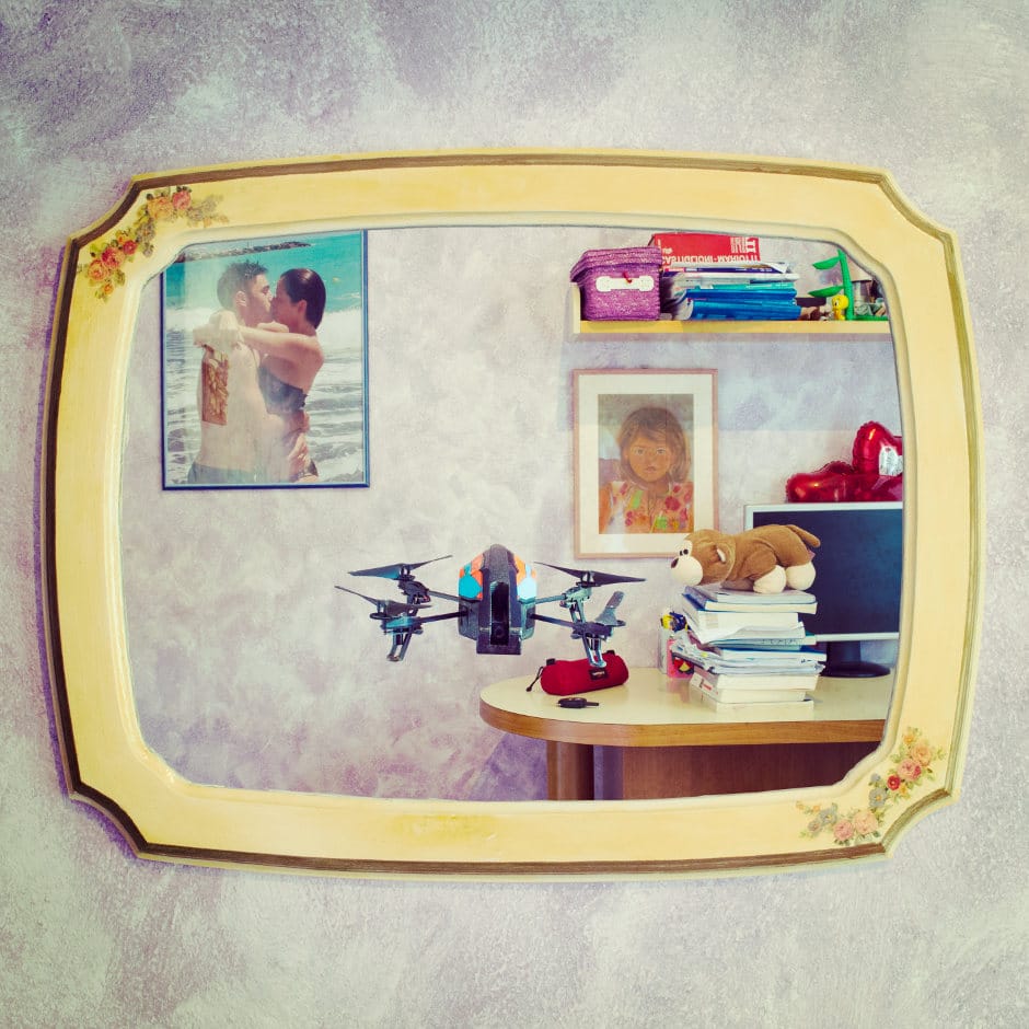 Drone Selfie, an artwork showing the mirror image of a drone hovering in a living room.