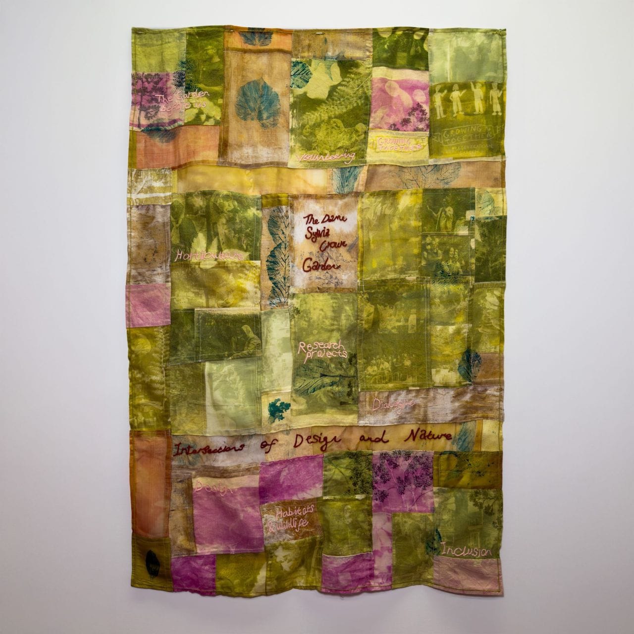 Dame Sylvia Crow Garden Banner, an up cycled cotton, linen and silk quilt by Christie Swallow.