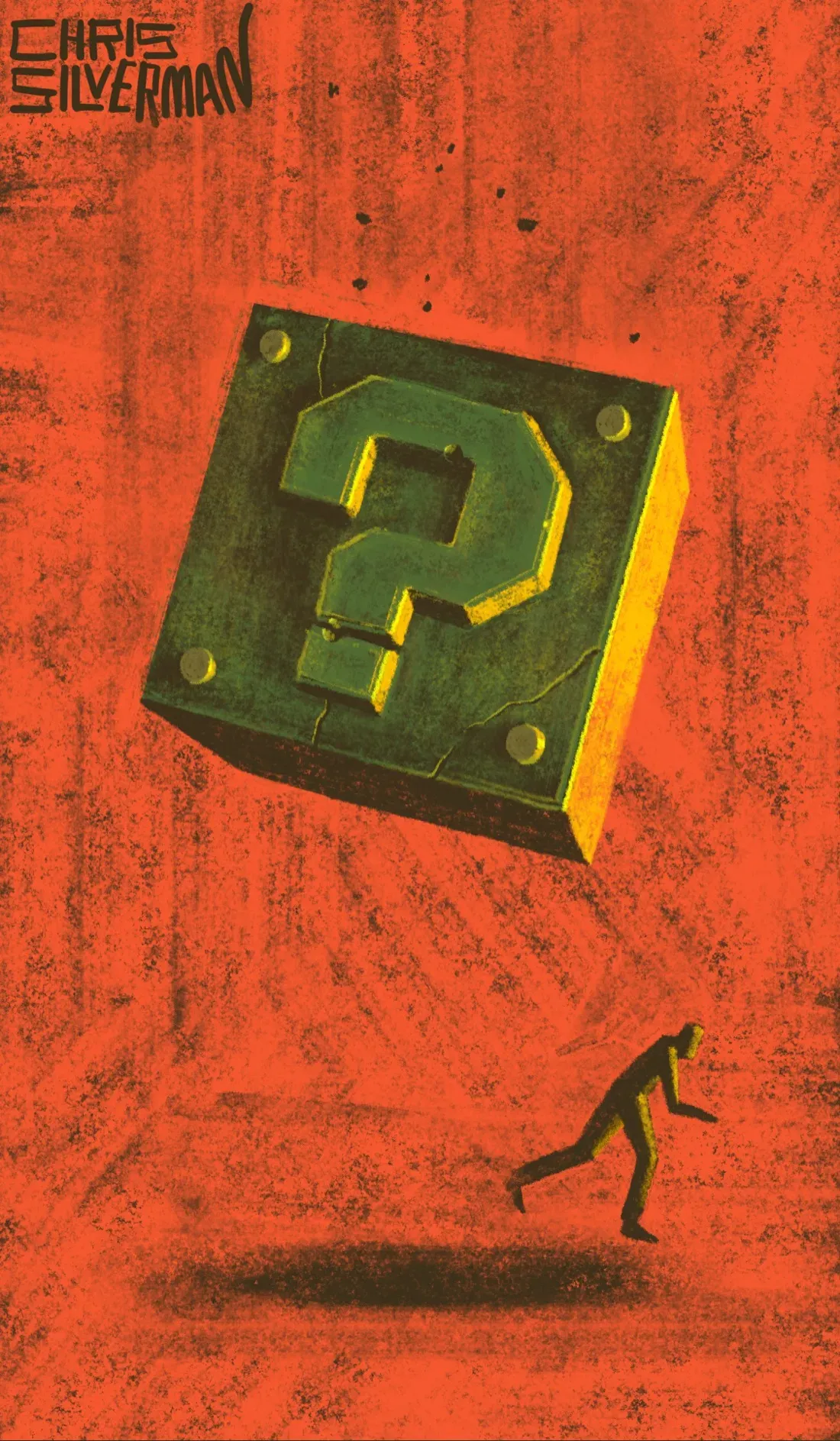 Art by Chris Silverman showing a stick figure fleeing a giant '?' block on a red background.