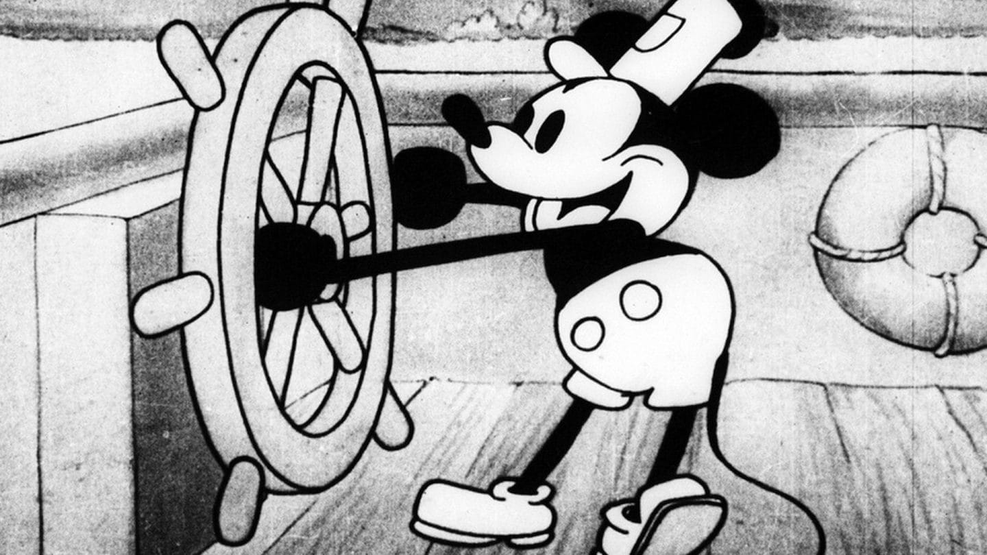 Still from 1928 black and white cartoon Steamboat Willie, the first appearance of Mickey Mouse.