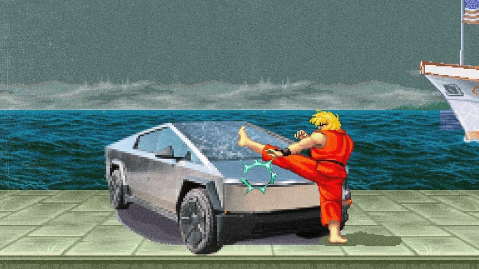Street Fighter II bonus stage where Ken is destroying a Tesla cybertruck.