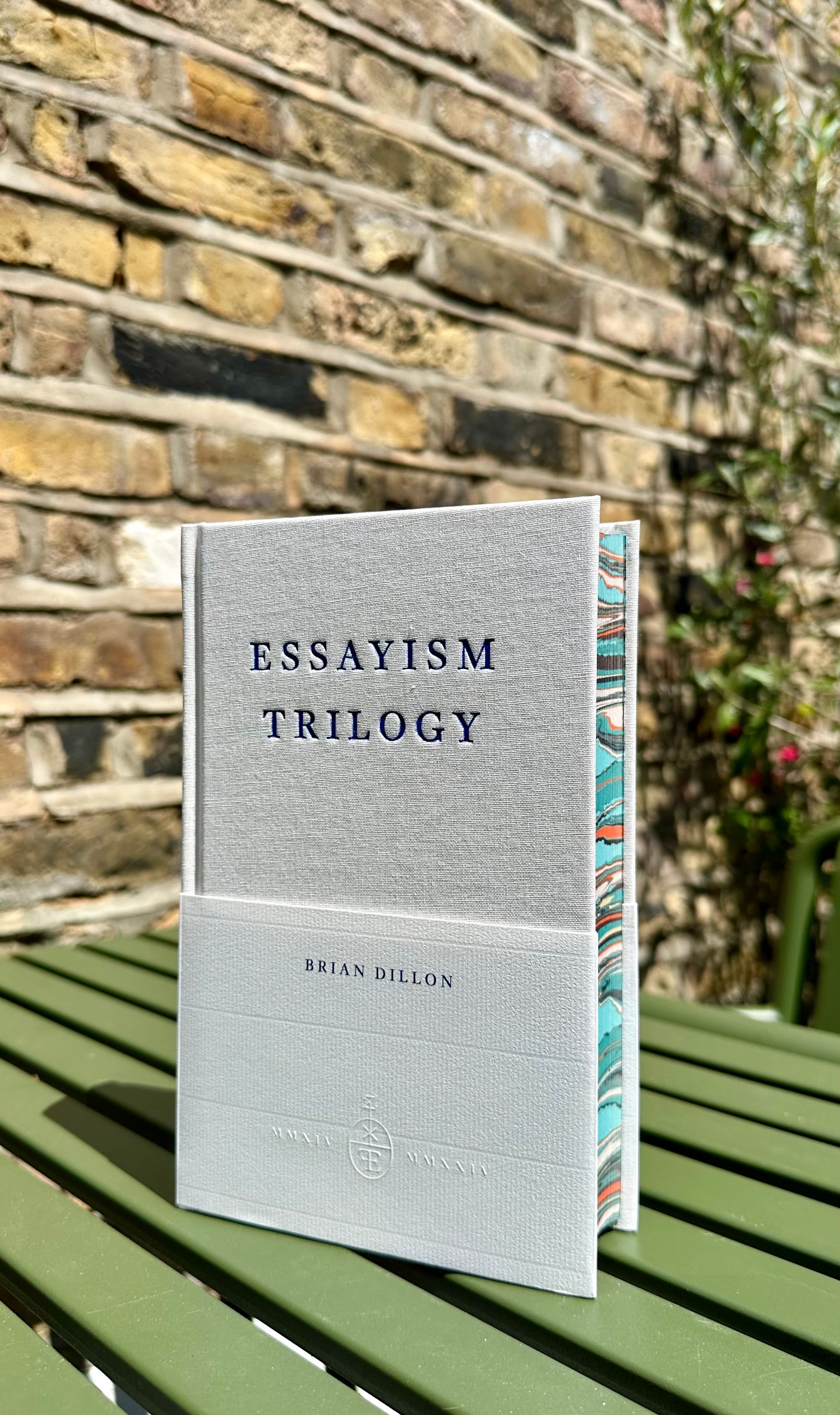 Photo of the book Essayism Trilogy special edition by Brian Dillon, taken in a garden.