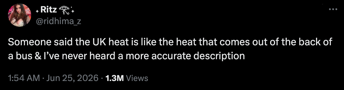 Tweet by @ridhima_z about the discomfort of the UK heatwave.