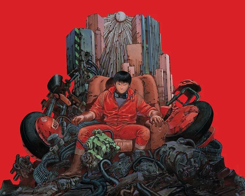 Promotional red poster of classic 1990s manga Akira, showing Kaneda on a makeshift throne made of industrial junk.
