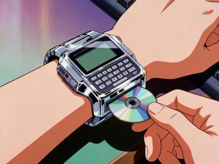 Still from an animated feature showing a close-up of a futuristic watch being fed with a miniature CD.