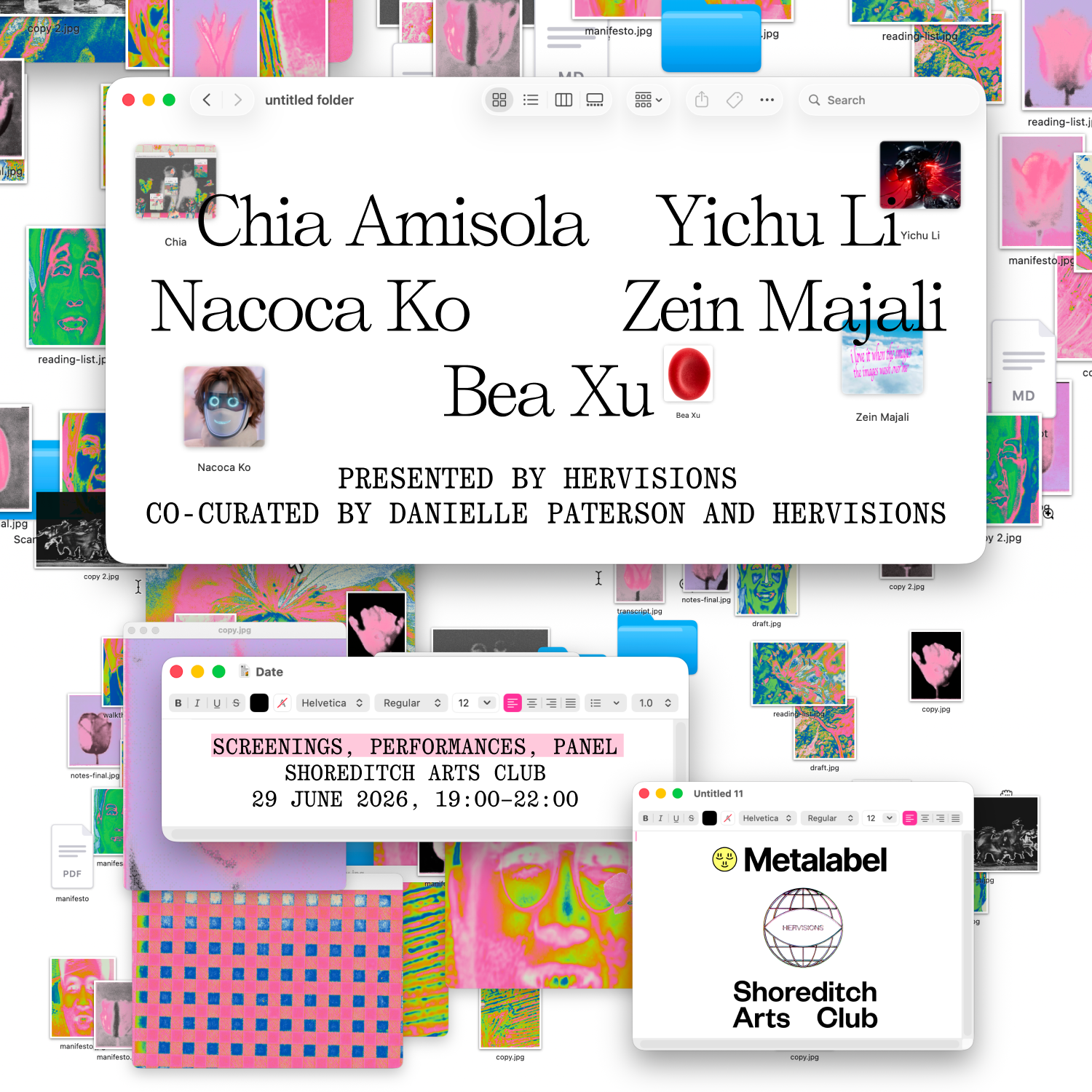 Evening at the Shoreditch Arts Clubs presented by HERVISIONS featuring Chia Amisola, Yichu Li, Nacoca Ko, Zein Majali, and Bea Xu.