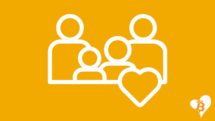 Outline of parents and two kids with a heart and the My Bitcoin Family logo.