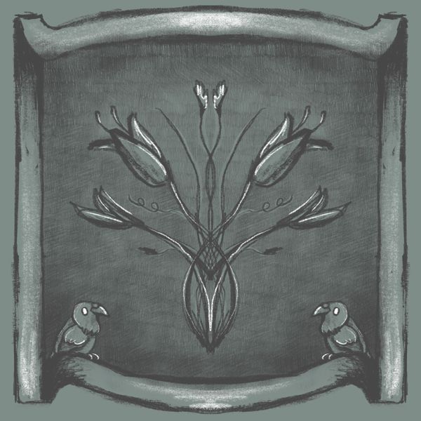 An art nouveau-inspired sketch of flowers and ravens