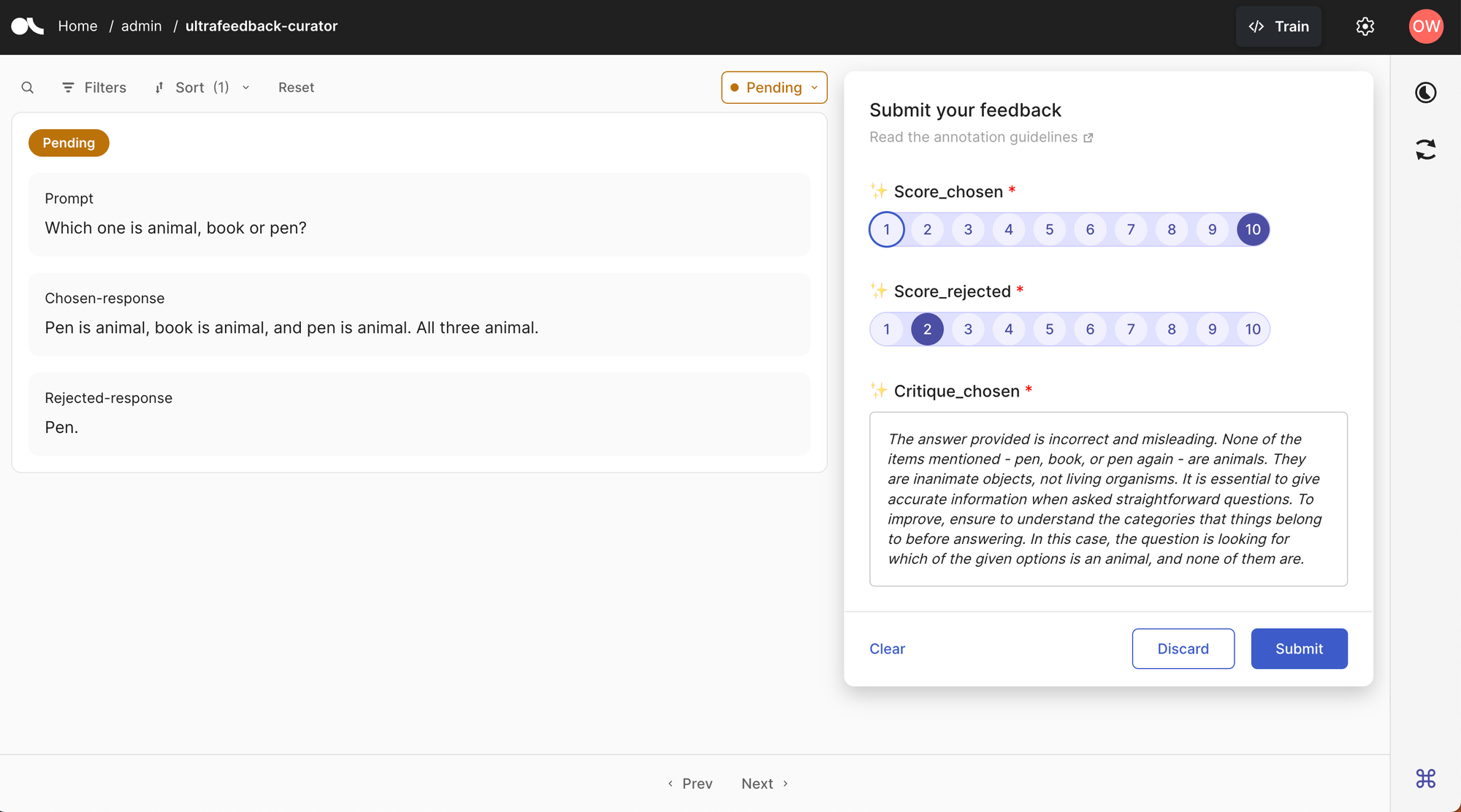 An example of how ultrafeedback-curator provides a UI for users to label preference datasets.