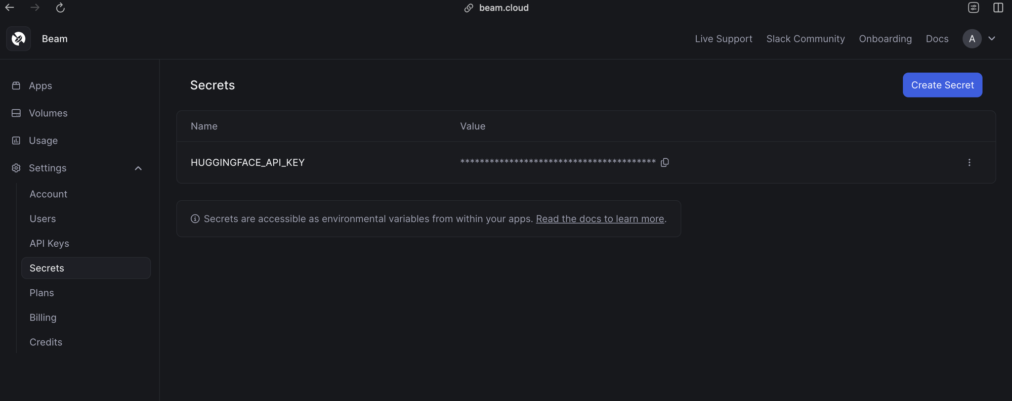 Beam Secrets tab page