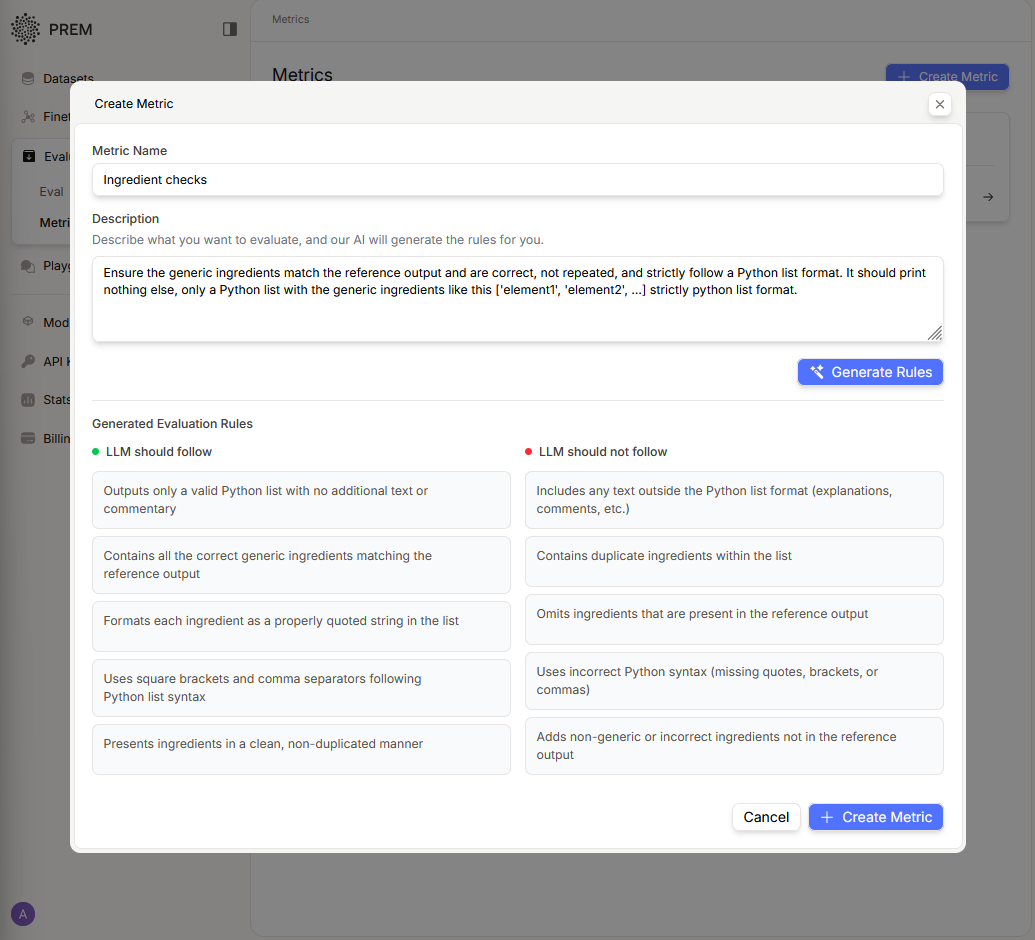 Prem Studio AI metric creation for LLM evaluation and reliability checks