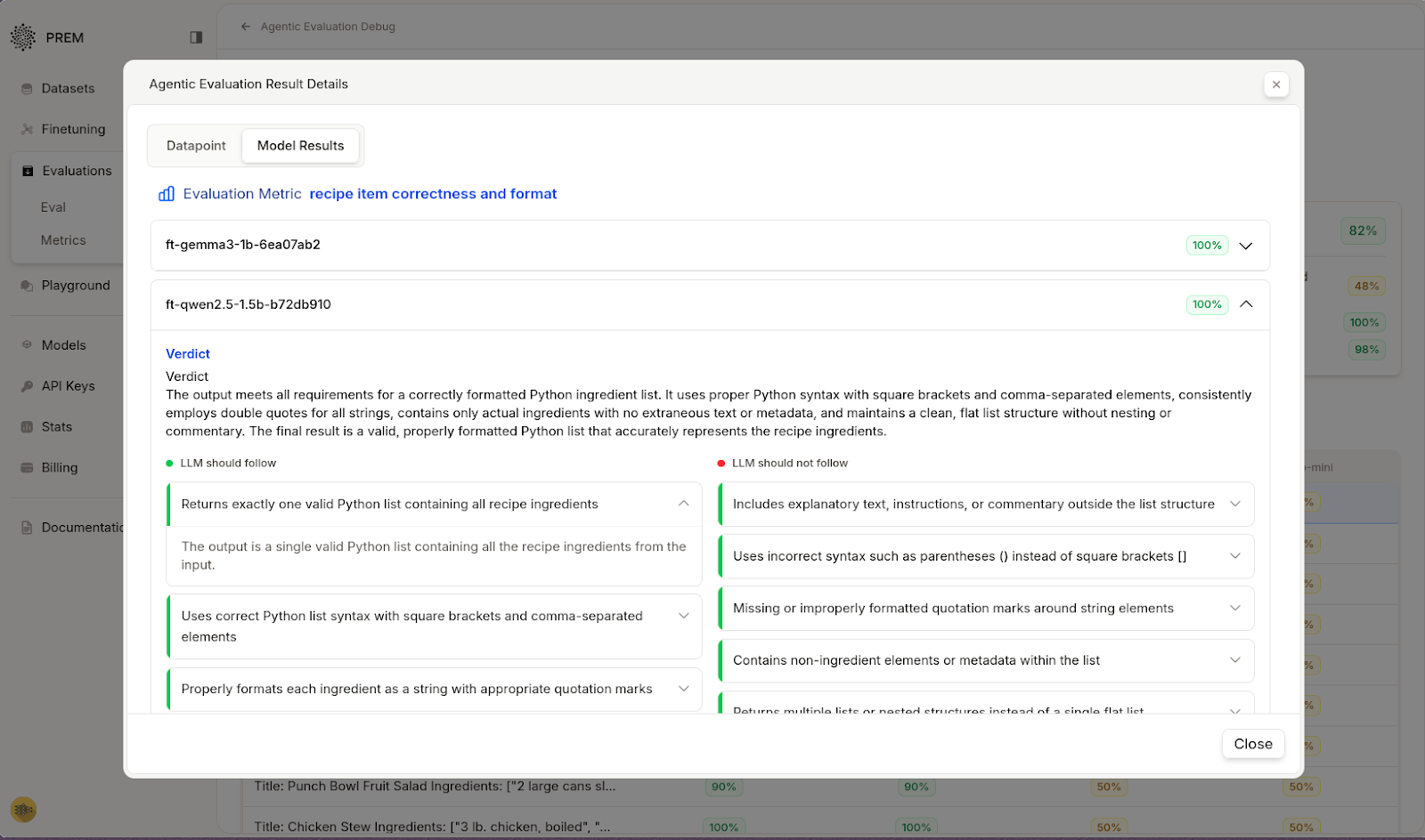 Qwen model scores 100% in Prem Judge with perfect ingredient format and rule compliance.