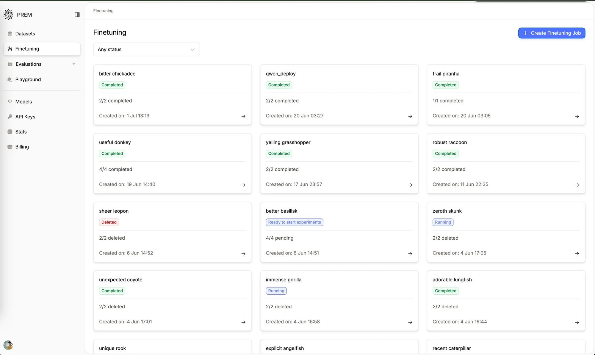 PremAI finetuning dashboard with multiple job statuses