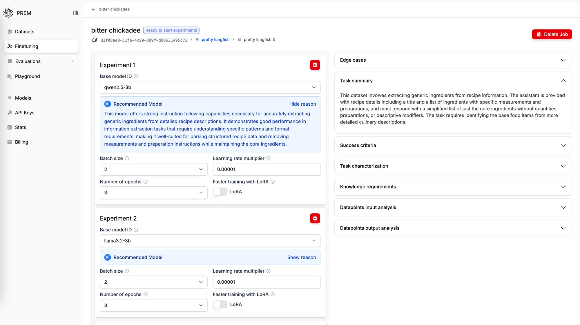Finetuning experiments with recommended model settings