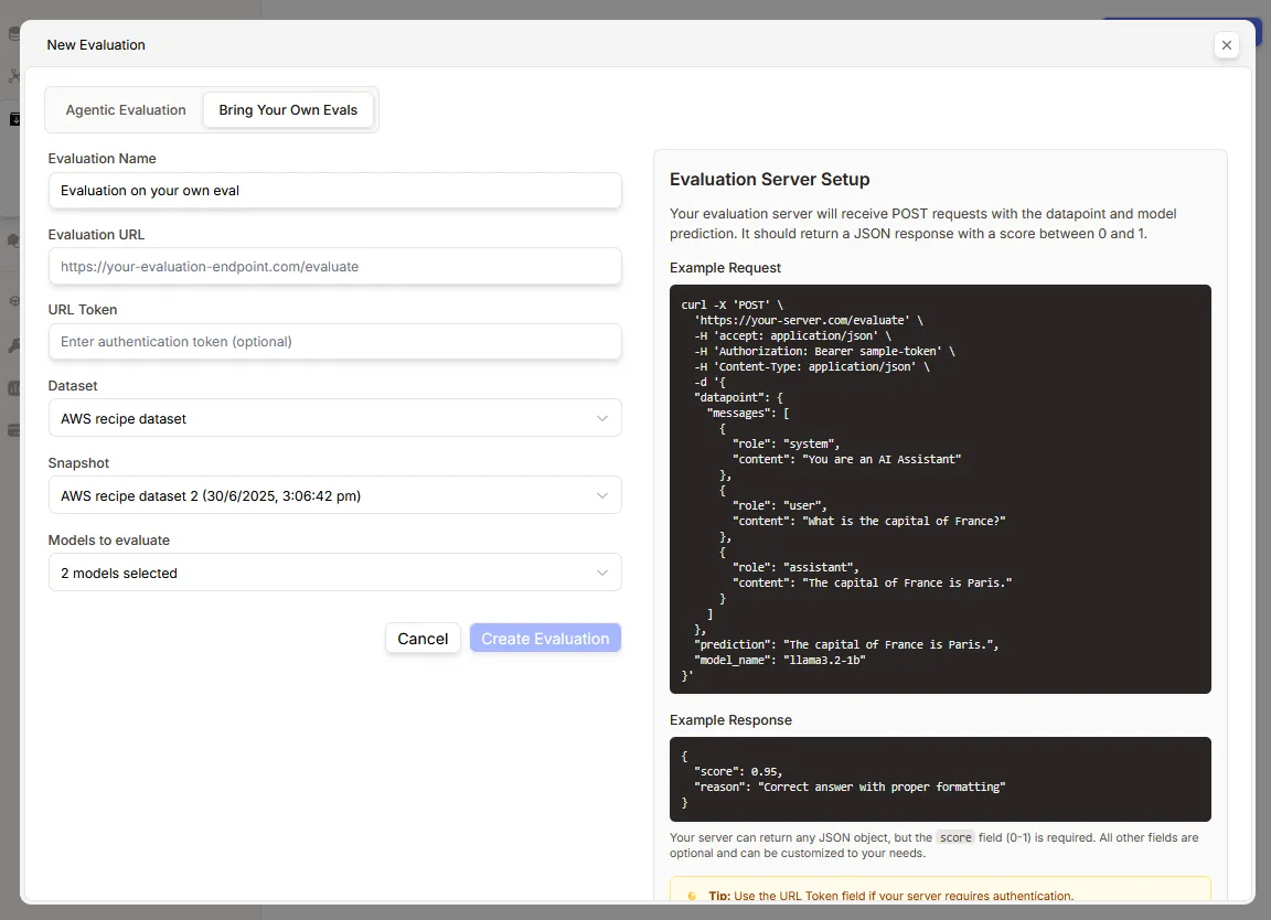 PremAI BYOE setup screen for configuring custom evaluation endpoints