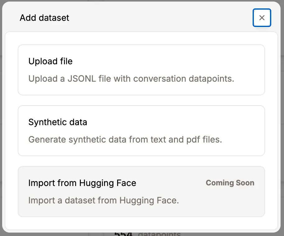 PremAI dataset upload options showing JSONL file upload, synthetic data generation, and Hugging Face import.