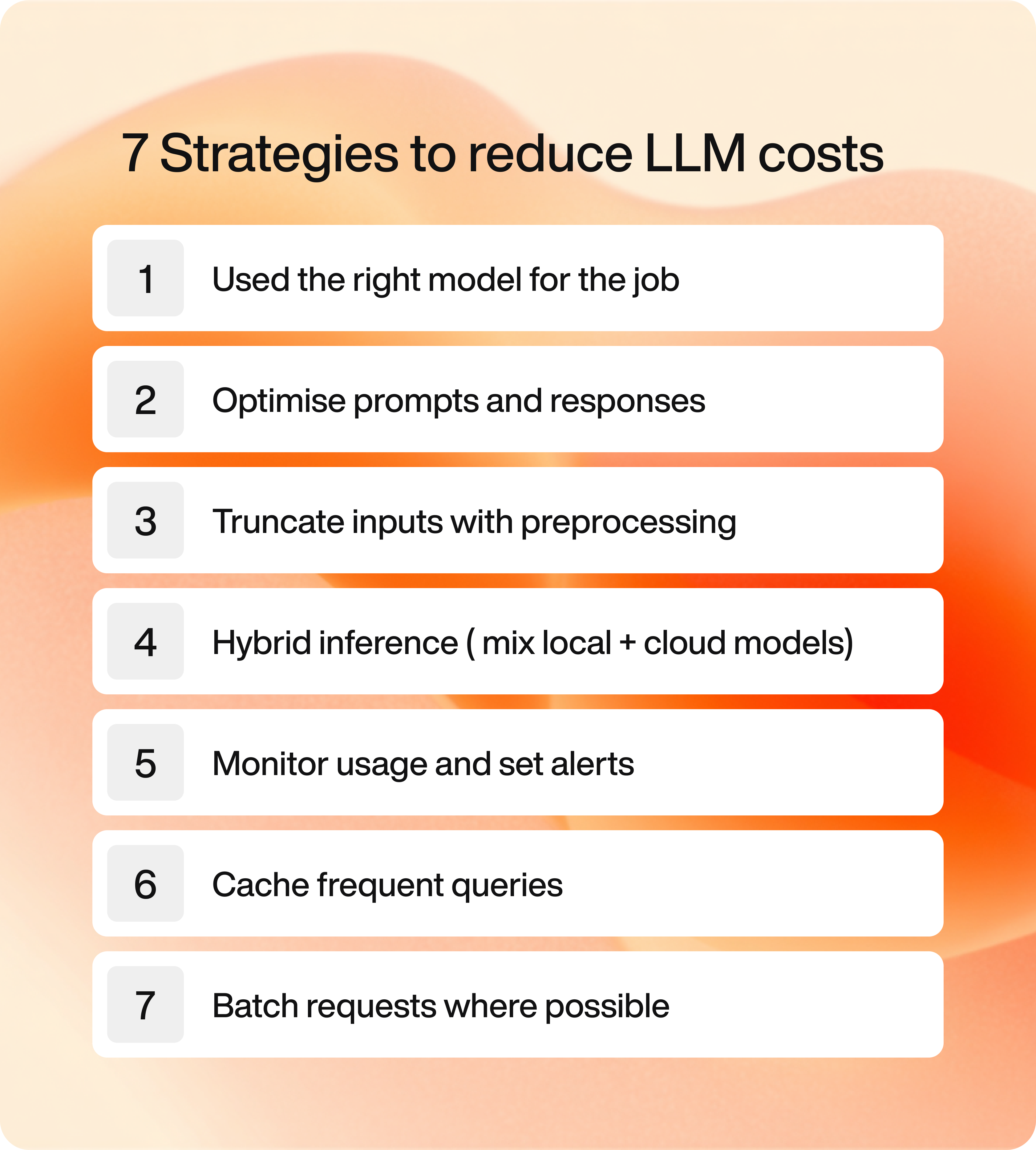 Infographic showing 7 strategies to reduce LLM costs with icons