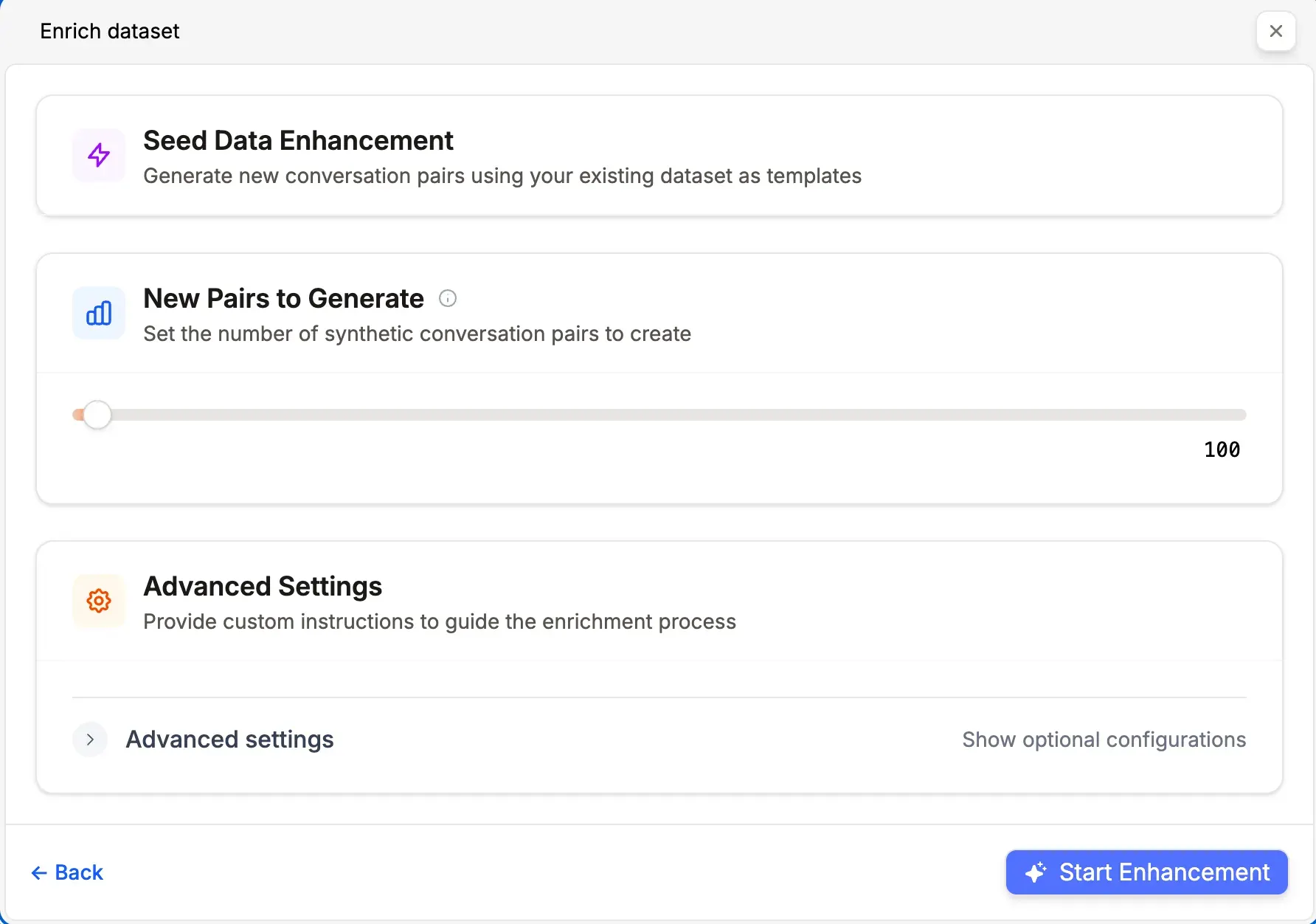 Enrich dataset screen with 100 new pairs selected and Start Enhancement button.