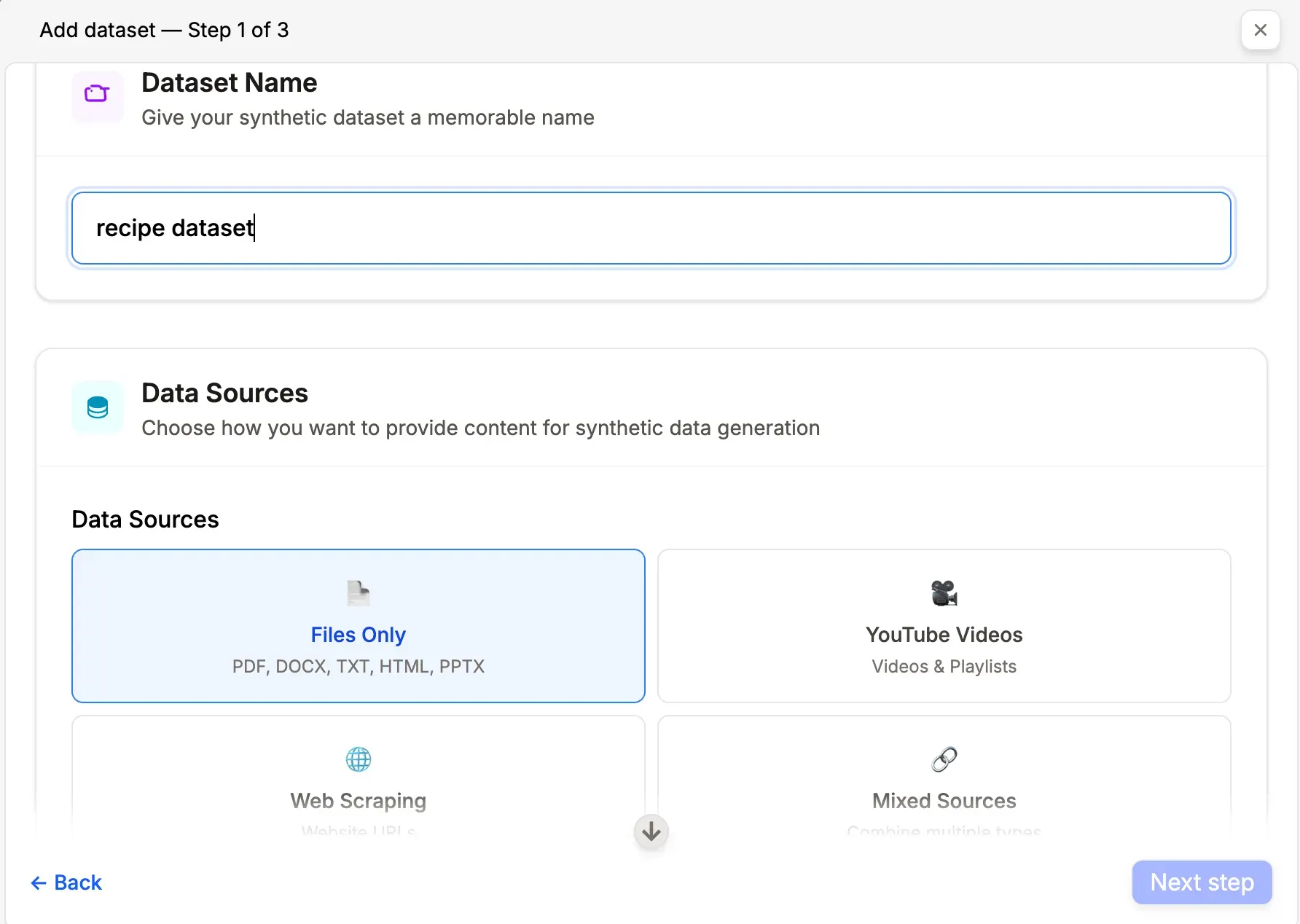 Add dataset screen with ‘recipe dataset’ entered and ‘Files Only’ selected as the data source