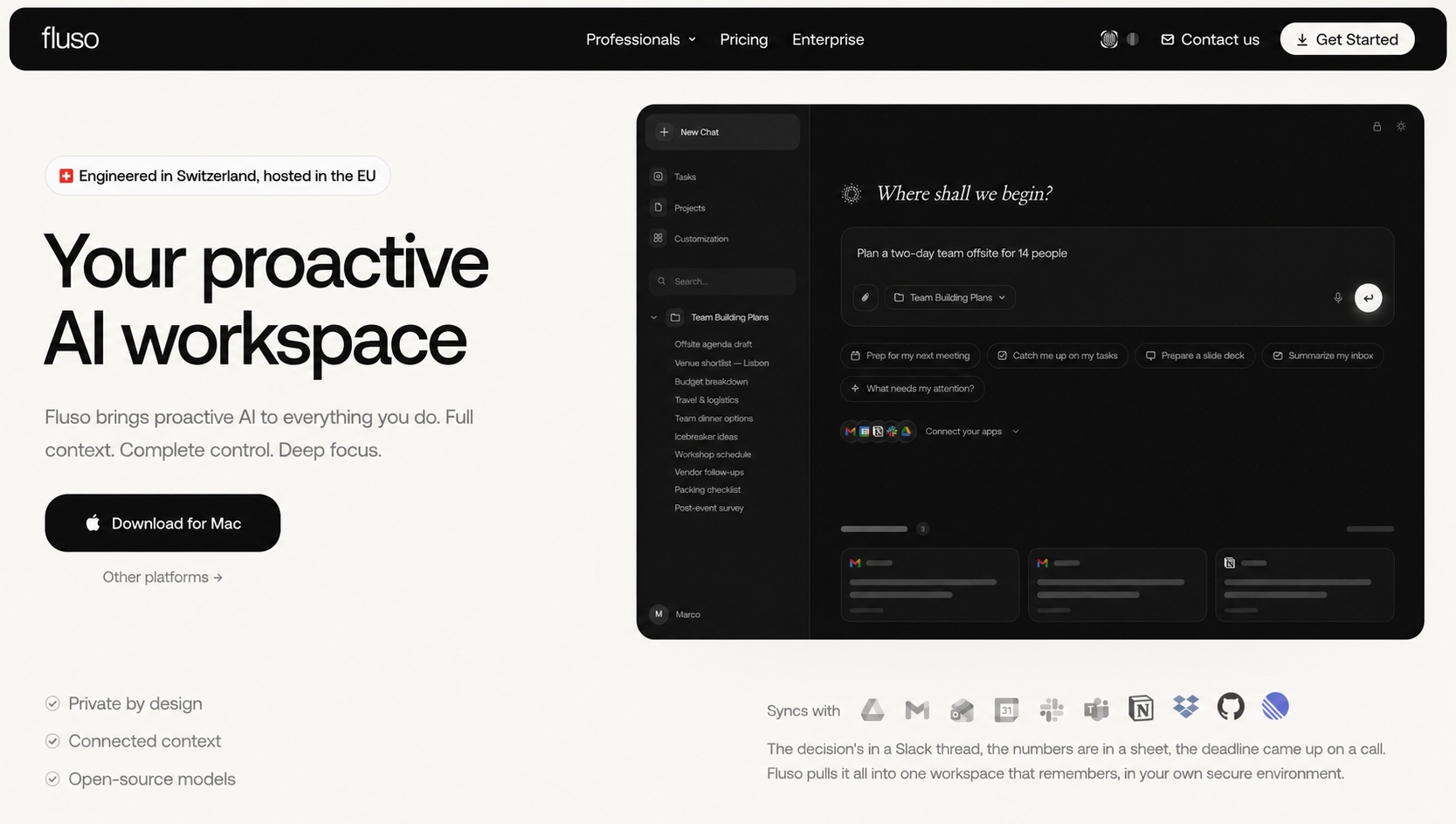Fluso by Prem AI private AI workspace showing secure enterprise AI with connected business context, governed workflows, open-weight model support, and privacy-first data control.