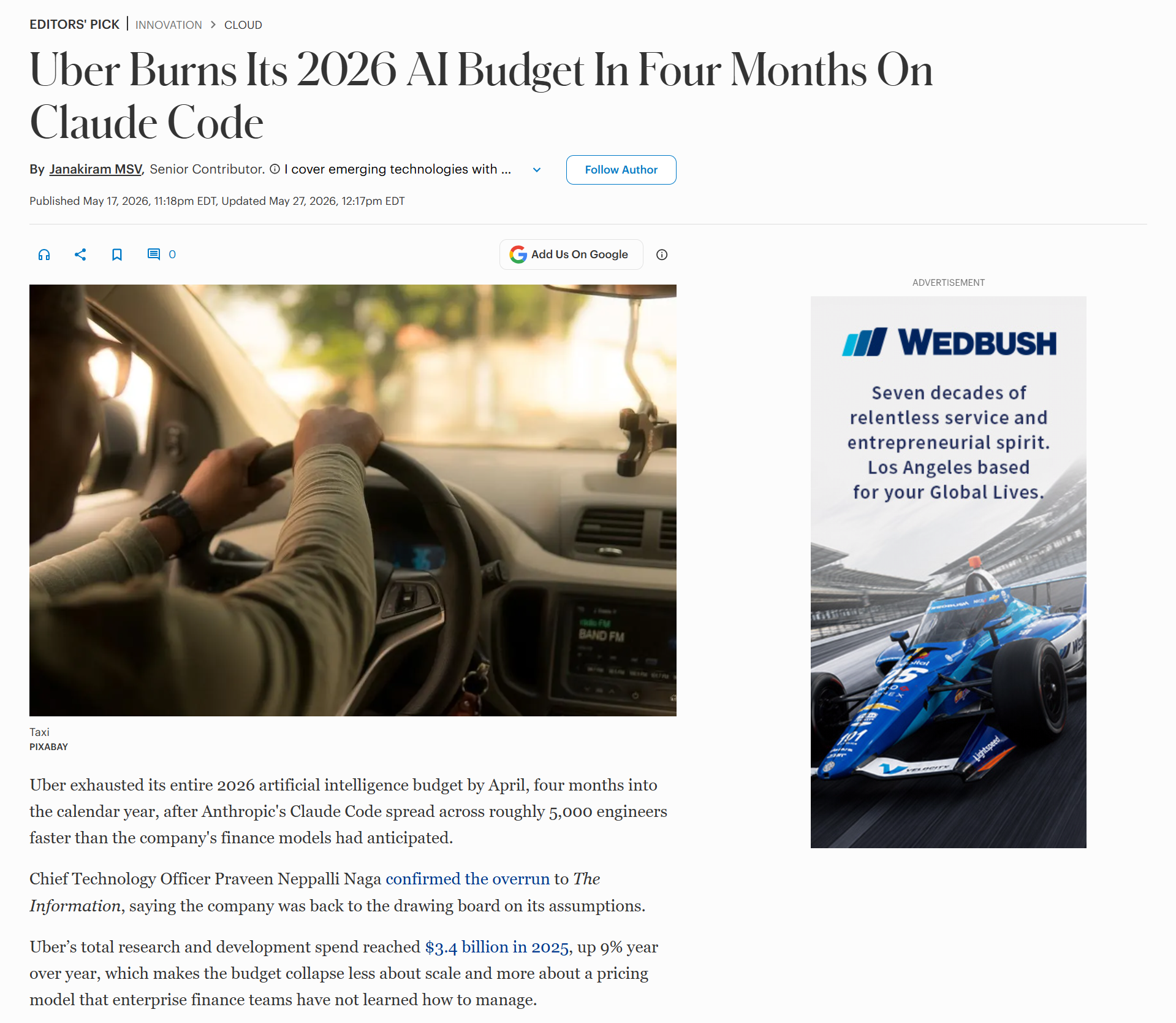 Article highlighting how Uber reportedly exhausted its 2026 AI budget after rapid enterprise-wide adoption of Anthropic's Claude Code by thousands of engineers.