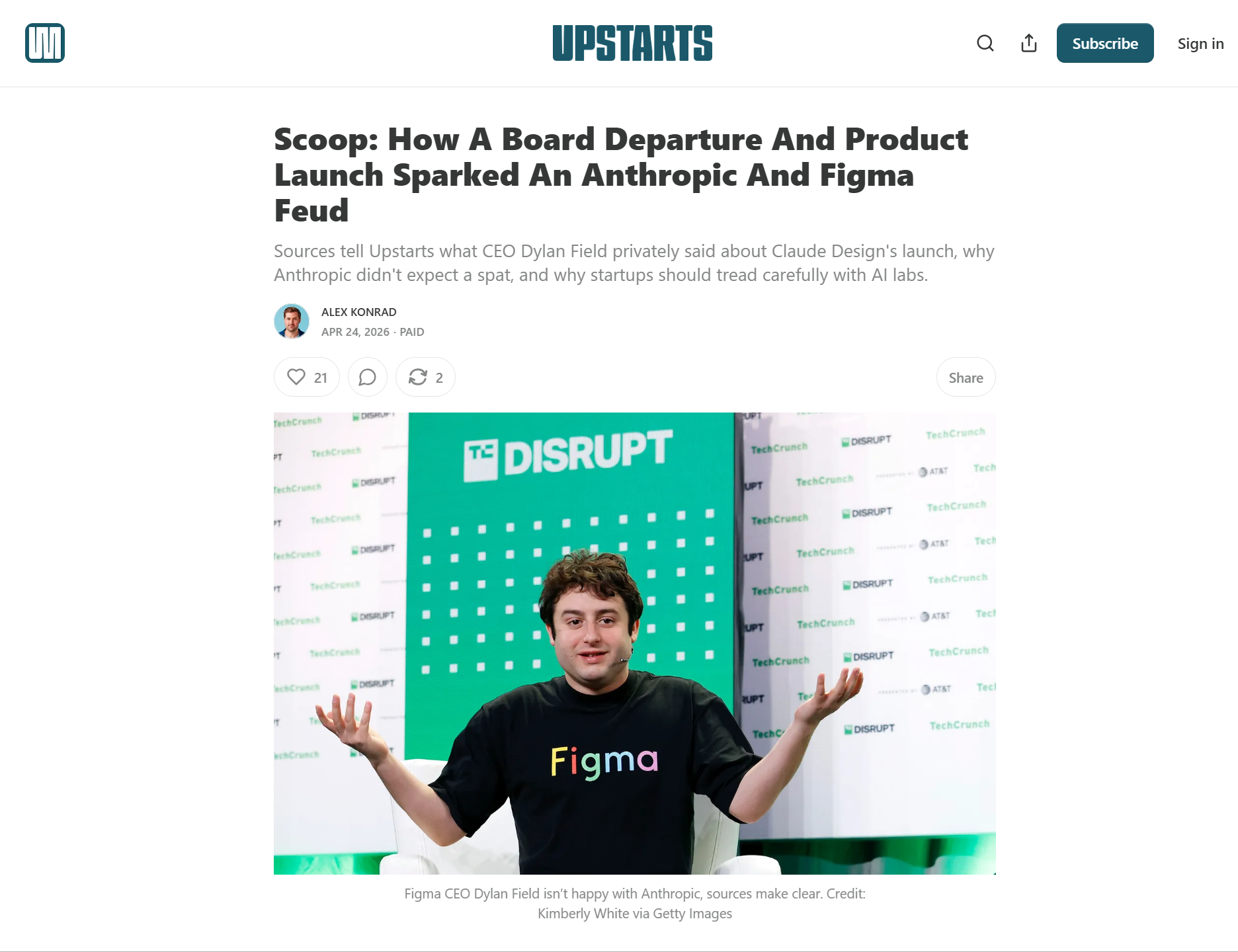 Screenshot of an Upstarts article discussing the Anthropic and Figma dispute following the Claude Design launch, featuring Figma CEO Dylan Field speaking at TechCrunch Disrupt.