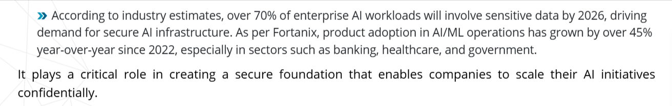 Statistic highlighting that over 70% of enterprise AI workloads are expected to involve sensitive data by 2026, emphasizing the growing need for secure AI infrastructure and trusted AI deployment.