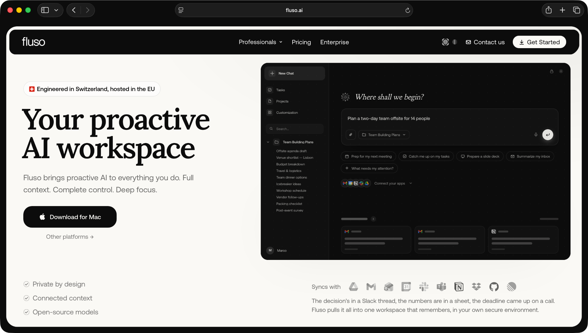 Fluso private AI workspace provides proactive, secure, and privacy-first AI for individuals, teams, and enterprises.