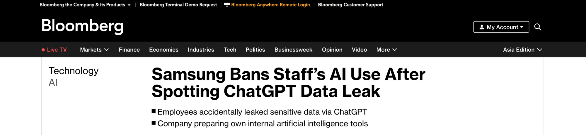 Bloomberg reports that Samsung restricted employee use of ChatGPT after sensitive company information was accidentally shared, highlighting enterprise concerns around AI data security and confidentiality.