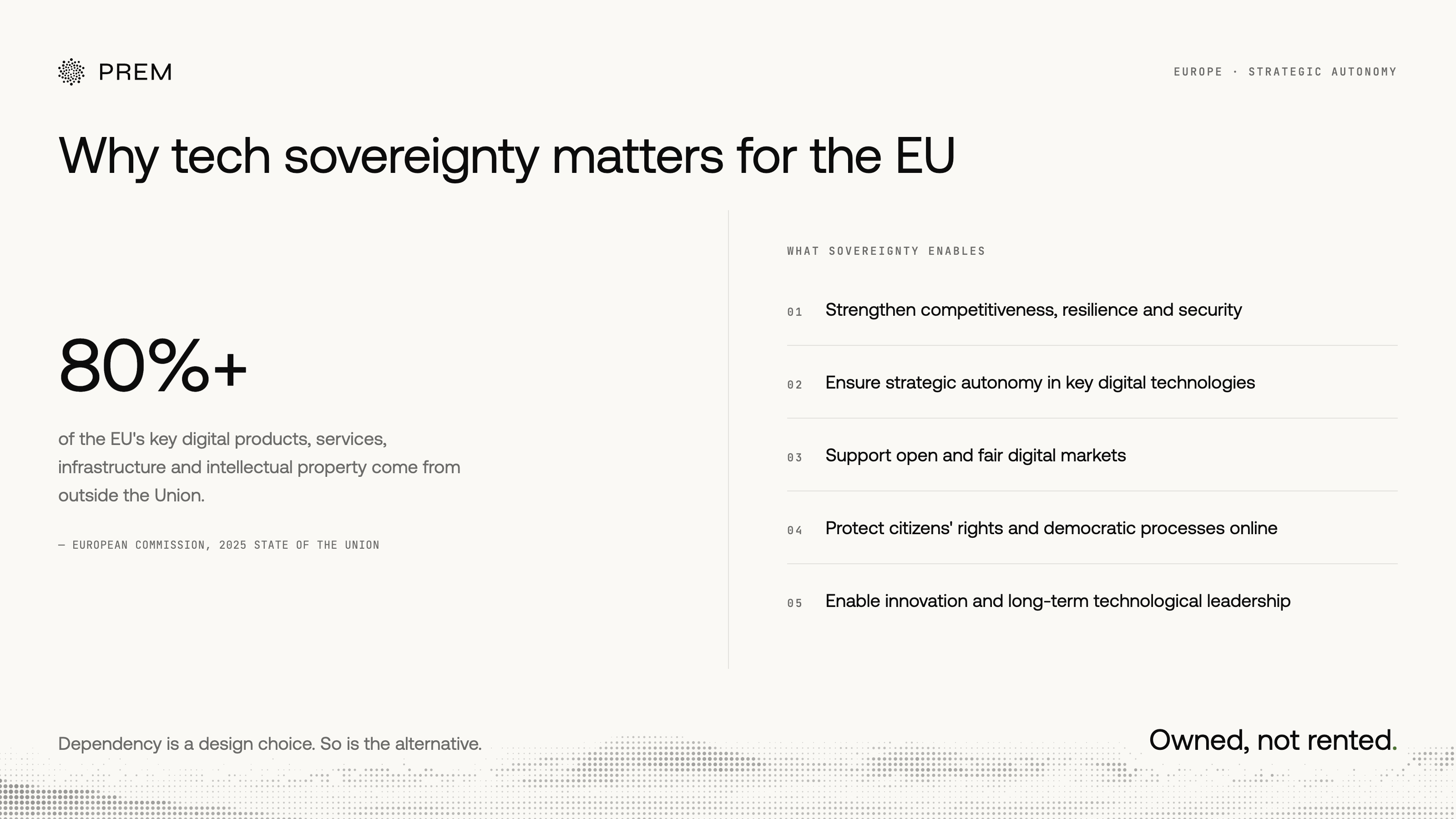 Overview explaining why technology sovereignty matters for the European Union, highlighting strategic autonomy, reduced reliance on non-EU digital infrastructure, and key benefits for competitiveness, security, and innovation.