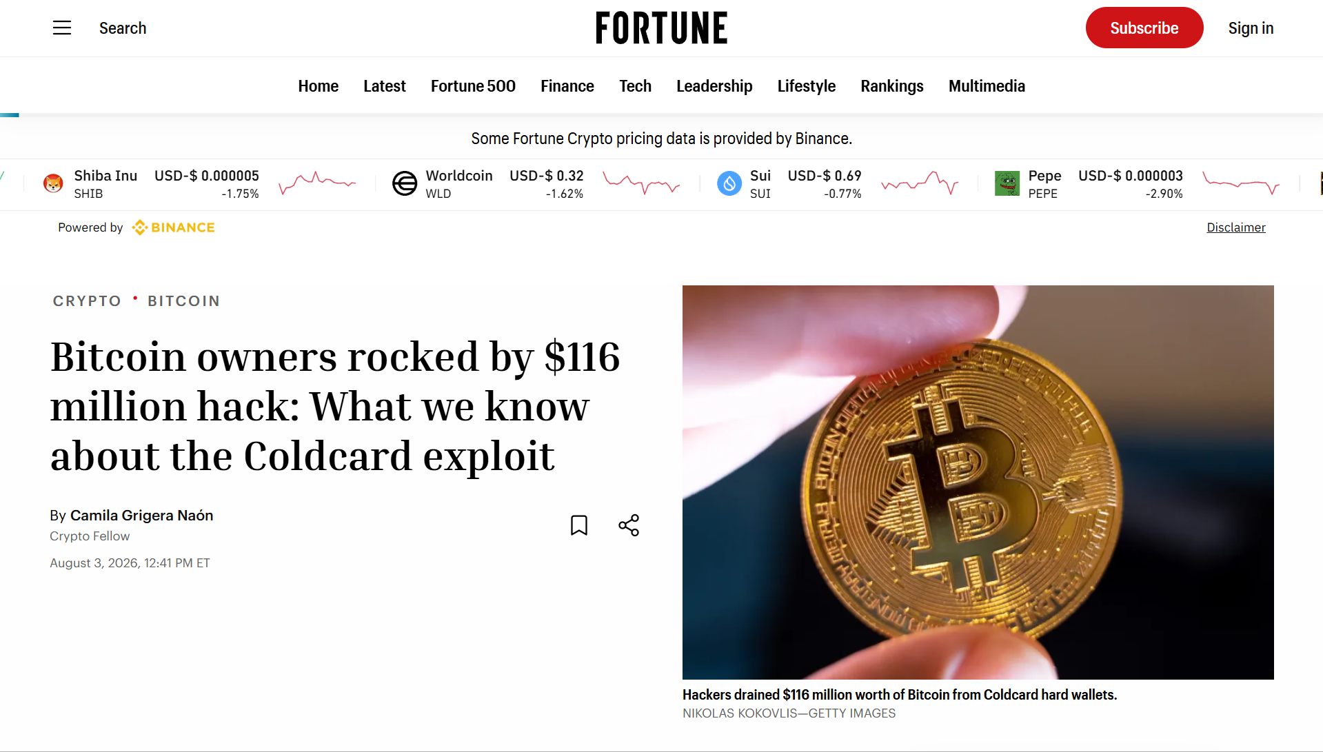 Fortune reports on the $116 million Coldcard exploit, where a firmware flaw enabled attackers to reconstruct wallet keys and steal Bitcoin from thousands of wallets.