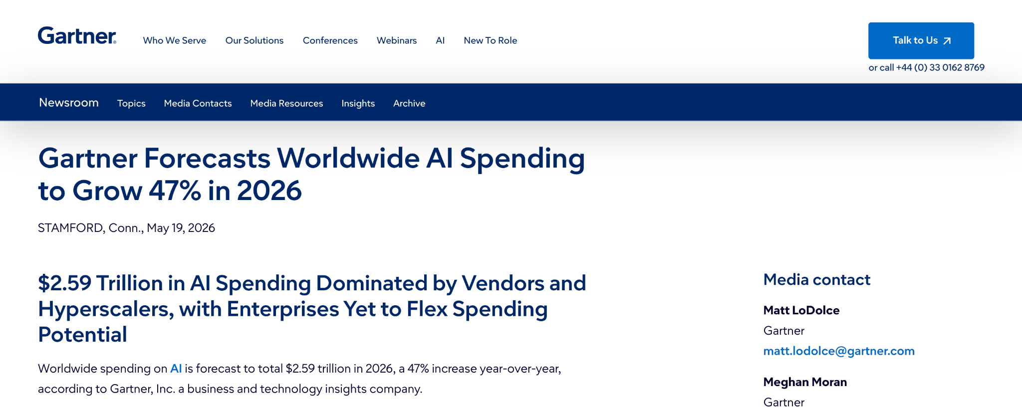 Screenshot of Gartner's announcement forecasting worldwide AI spending to grow 47% in 2026.