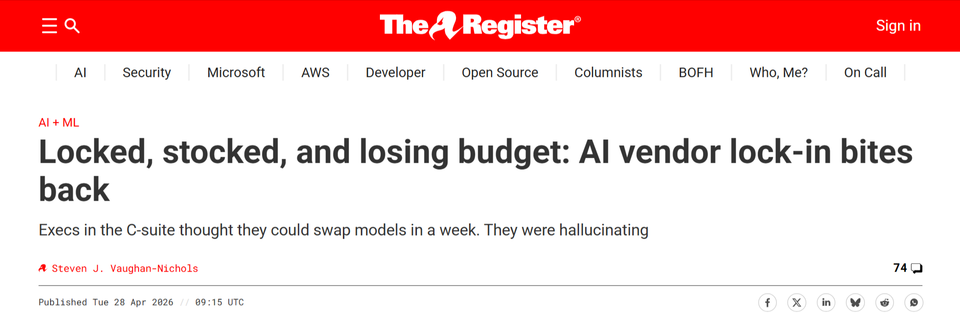 The Register discusses how AI vendor lock-in can drive up costs, reduce flexibility, and make it harder for enterprises to switch AI providers.