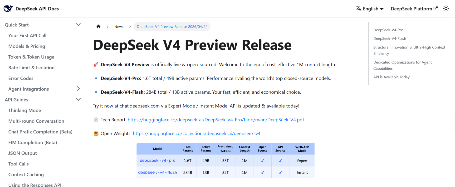 DeepSeek V4-Flash model specifications from the official DeepSeek API Docs